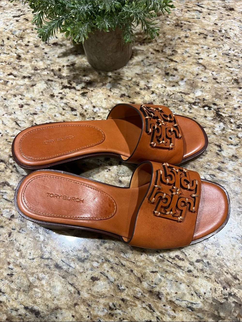 Tory Burch Ines Brown Leather Block Heel Mules 7M